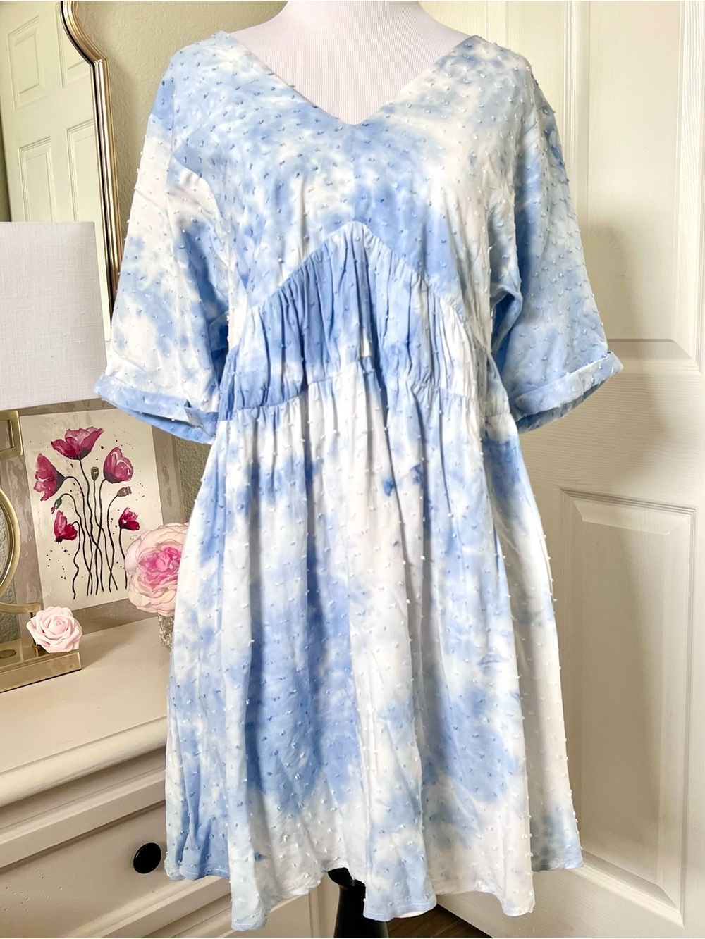 DAVI & DANI Babydoll Dress Women’s S Blue Tie Dye Swiss Dot Open Back Boho